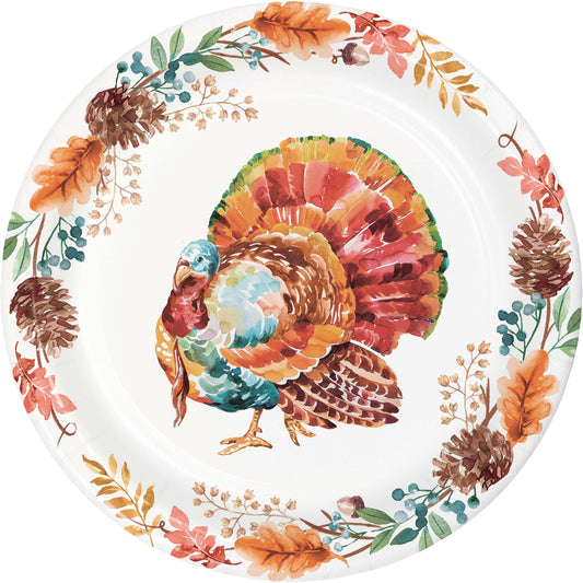 Tasteful Turkey Dessert Paper Plates 96 ct. Decorative paper plate with a turkey and autumn leaves design on a white background