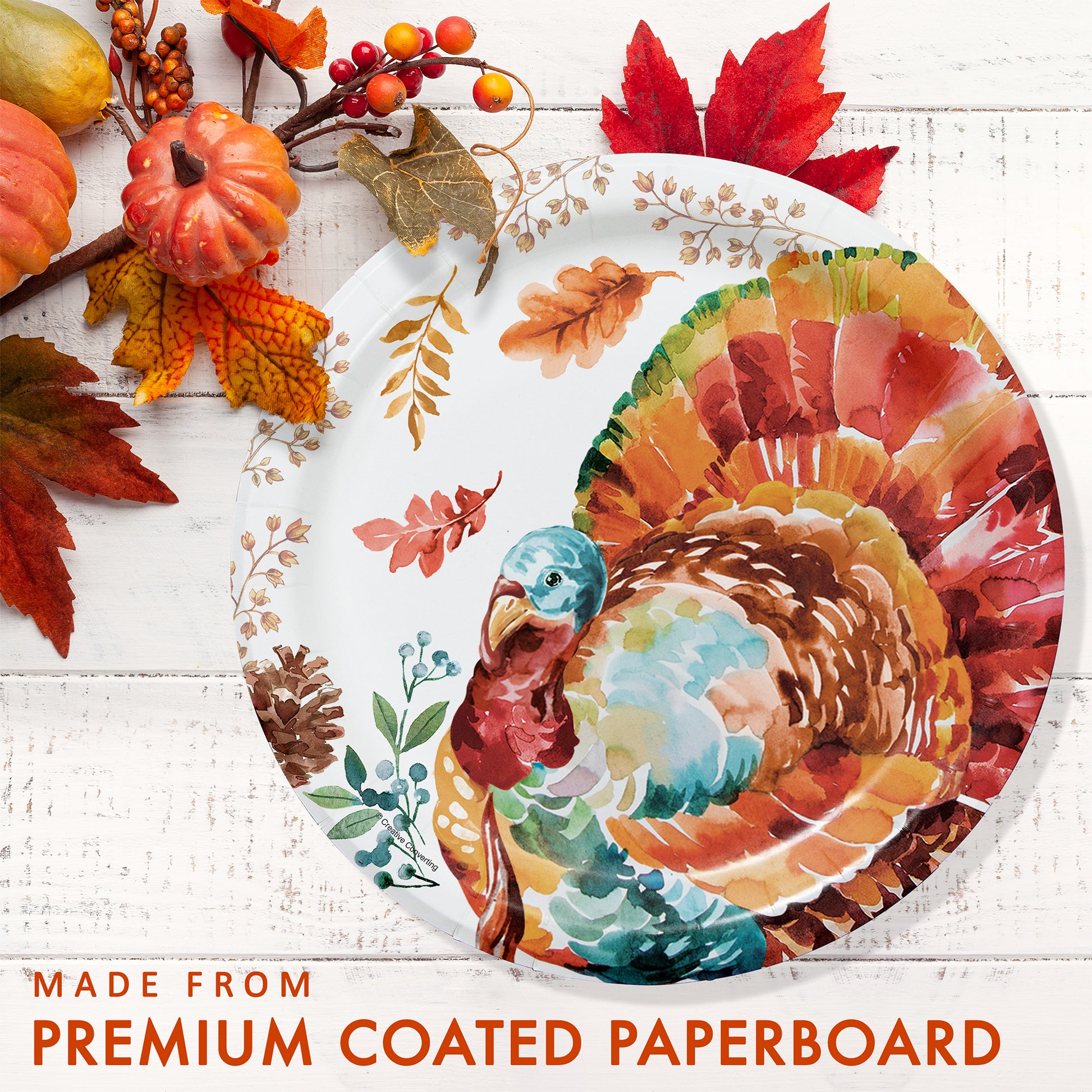 Tasteful Turkey Dinner Paper Plates 96 ct. Decorative paper plate with a turkey design on a white wooden surface with autumn leaves and pumpkins.