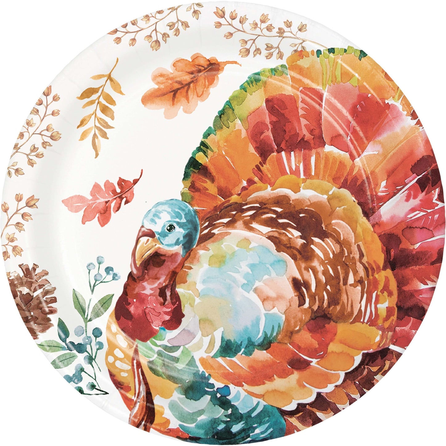 Tasteful Turkey Dinner Paper Plates 96 ct. Decorative paper plate with a colorful turkey design on a white background