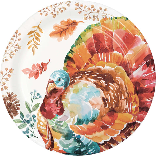 Tasteful Turkey Dinner Paper Plates 96 ct. Decorative paper plate with a colorful turkey design on a white background