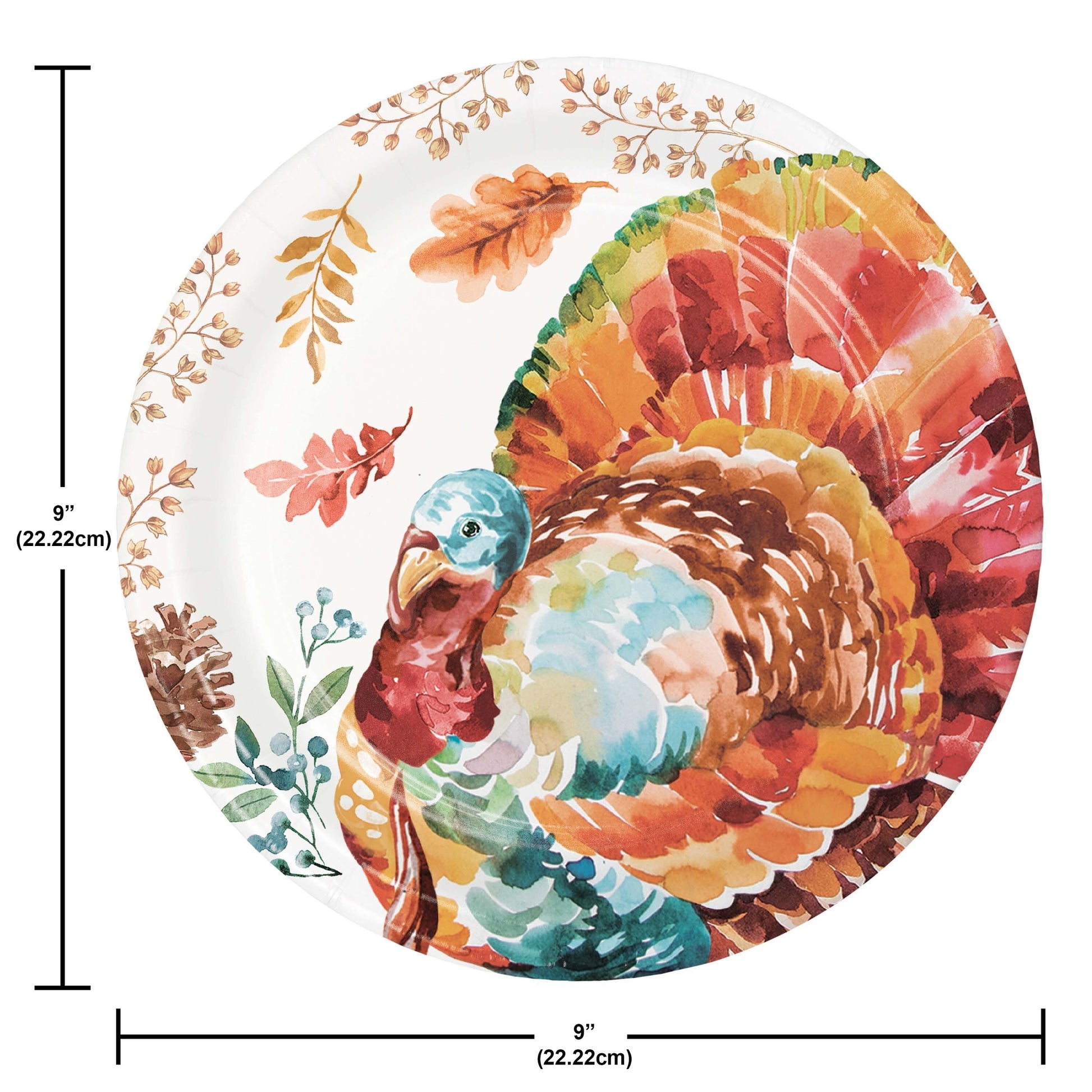 Tasteful Turkey Dinner Paper Plates 96 ct. Round paper plate with a colorful turkey design and leaf decorations, with measurements indicated.