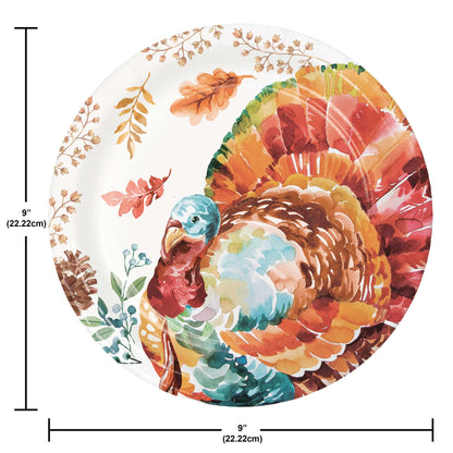 Tasteful Turkey Dinner Paper Plates 96 ct. Round paper plate with a colorful turkey design and leaf decorations, with measurements indicated.