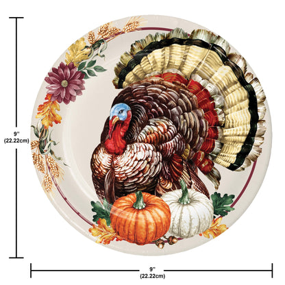 Vintage Turkey Dinner Paper Plates 96 ct. Decorative paper plate with a turkey design, pumpkins, and fall leaves, with measurements indicated.