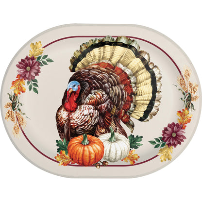 Vintage Turkey Oval Dinner Paper Plates 96 ct. Decorative plate with a turkey design and autumn elements on a white background