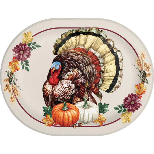 Vintage Turkey Oval Dinner Paper Plates 96 ct. Decorative plate with a turkey design and autumn elements on a white background
