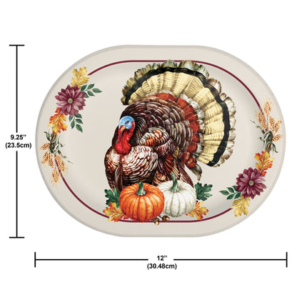 Vintage Turkey Oval Dinner Paper Plates 96 ct. Decorative plate with a turkey design, pumpkins, and flowers, with measurements on a white background.