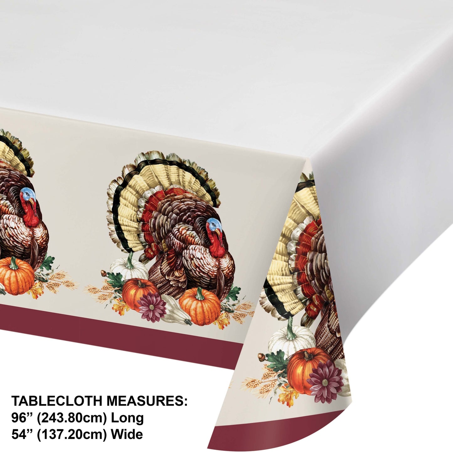 Vintage Turkey Paper Tablecloths 12 ct. Tablecloth with turkey and pumpkin design on a white background