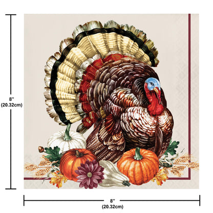 Vintage Turkey Dinner Napkins 192 ct. Decorative  paper napkin of a turkey with pumpkins and flowers on a beige background