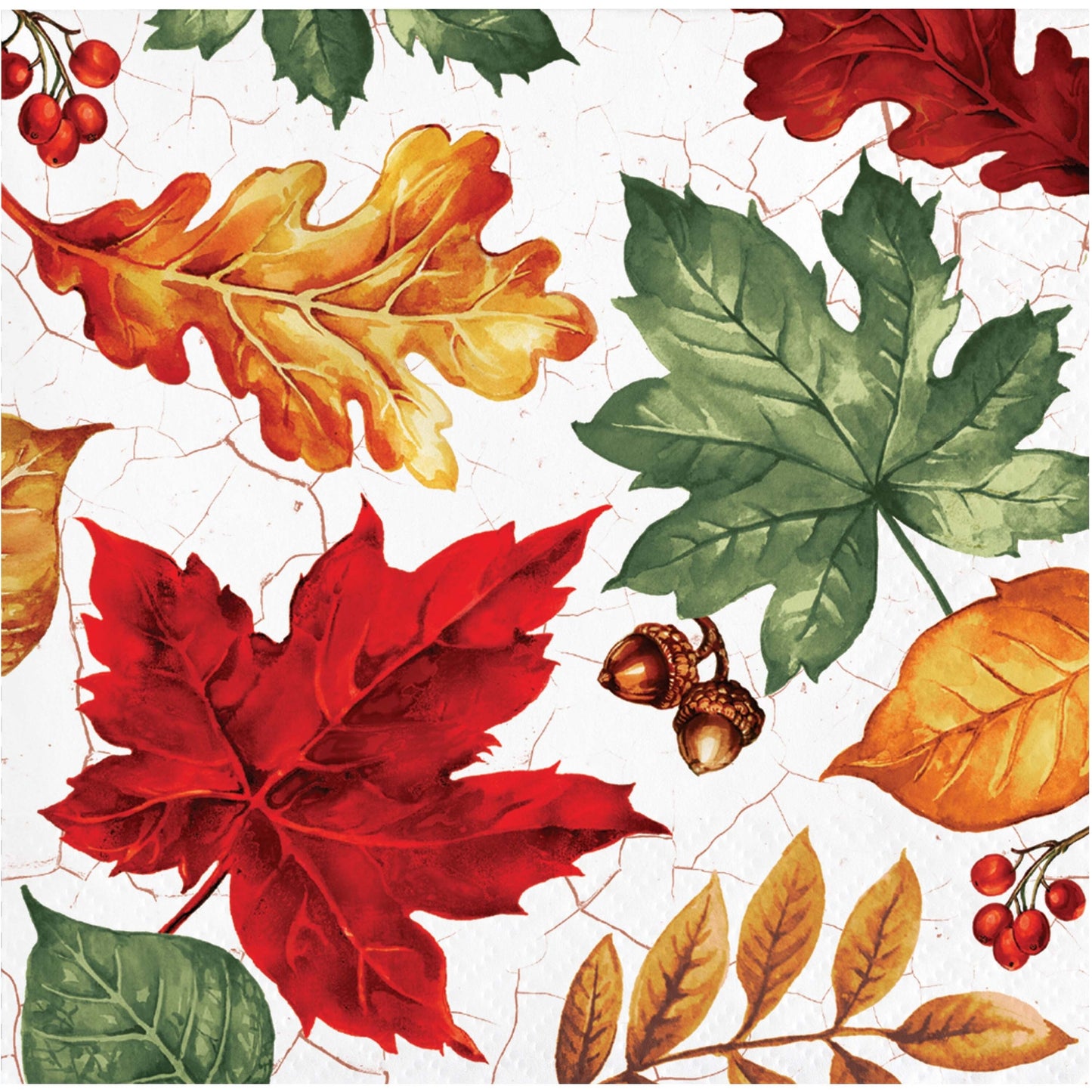 Autumn Air Beverage Napkins 192 ct. Pattern of autumn leaves and acorns on a  beverage napkin on a white background