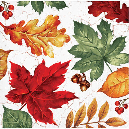 Autumn Air Beverage Napkins 192 ct. Pattern of autumn leaves and acorns on a  beverage napkin on a white background