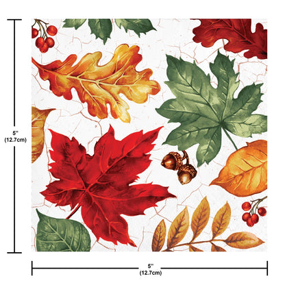 Autumn Air Beverage Napkins 192 ct. Pattern of autumn leaves on a paper napkin with measurements on a white background