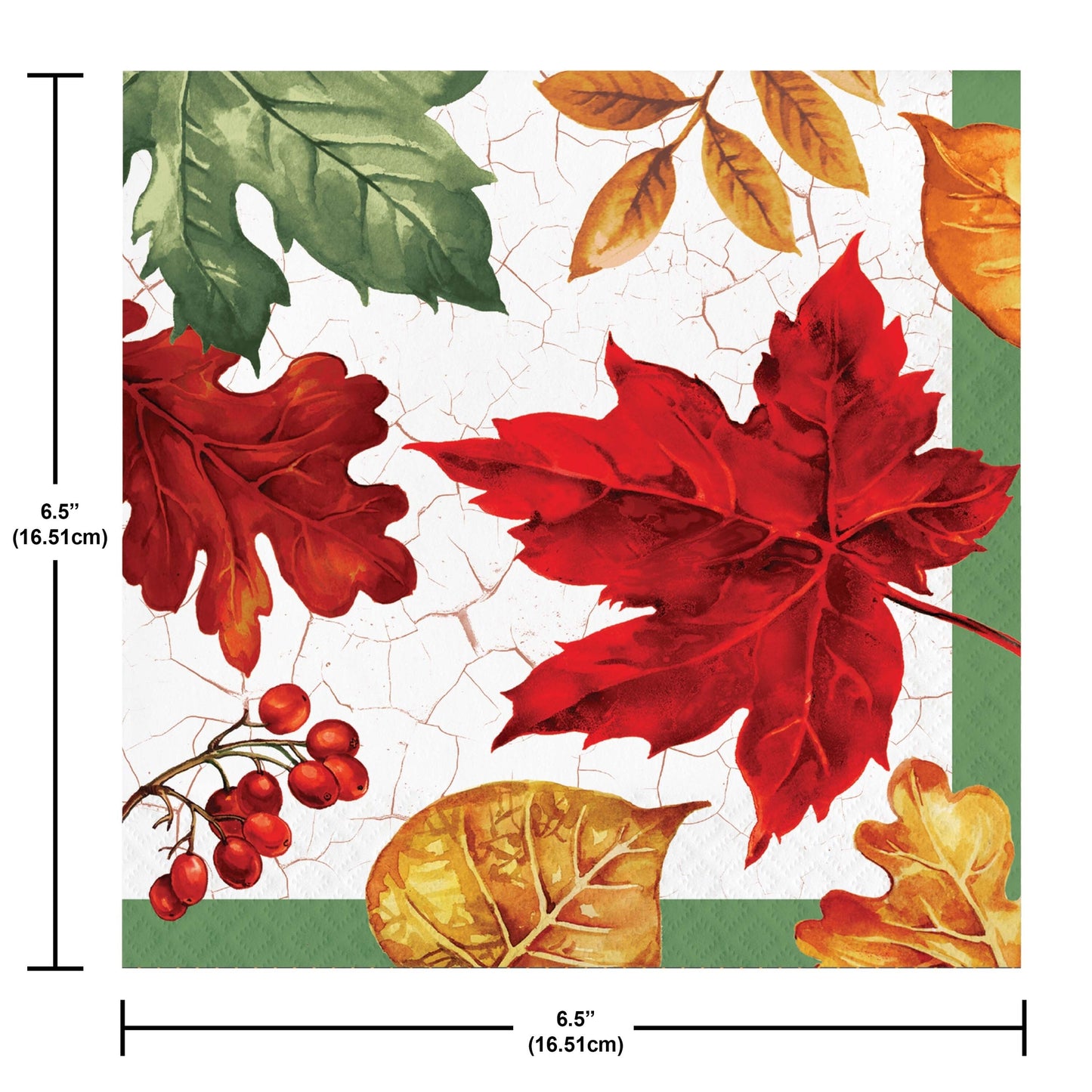 Autumn Air Luncheon Napkins 192 ct. Decorative paper napkins with autumn leaves and berries, featuring measurements.