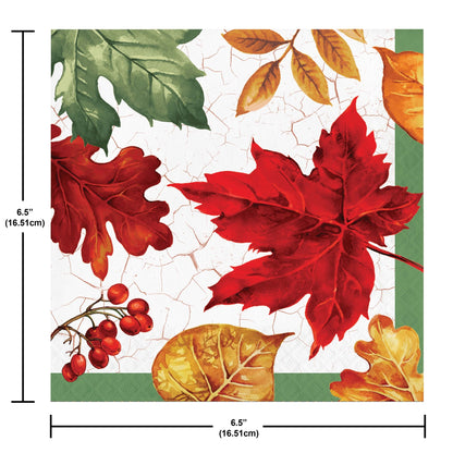 Autumn Air Luncheon Napkins 192 ct. Decorative paper napkins with autumn leaves and berries, featuring measurements.