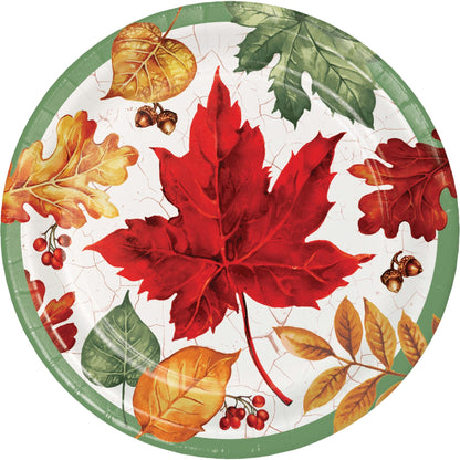 Autumn Air Dessert Paper Plates 96 ct. Round paper plate with autumn leaf design featuring red, green, and yellow leaves.