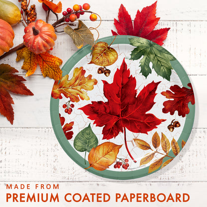 Autumn Air Dessert Paper Plates 96 ct. Round paper product with autumn leaf design on a white wooden surface