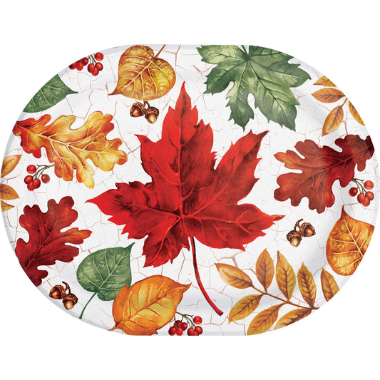 Autumn Air Oval Dinner Paper Plates 96 ct. Oval paper plates with red, green and orange leaves, acorns and berries