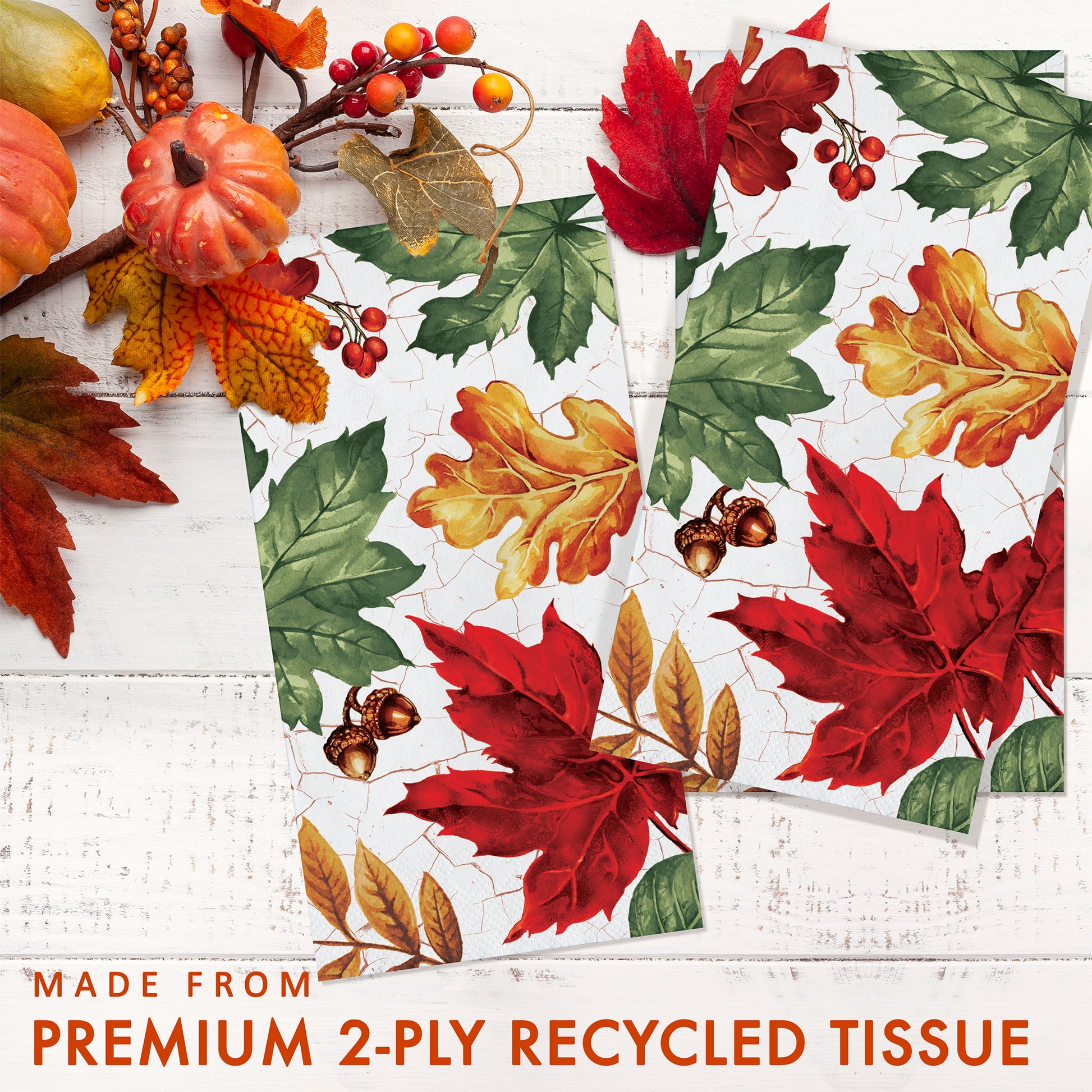 Autumn Air Dinner Napkins 192 ct. Paper napkins with autumn leaf design on a white background