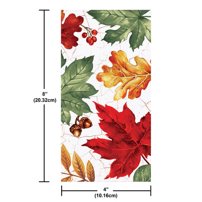 Autumn Air Dinner Napkins 192 ct. Decorative paper napkin with autumn leaves and acorns, shown with measurements.