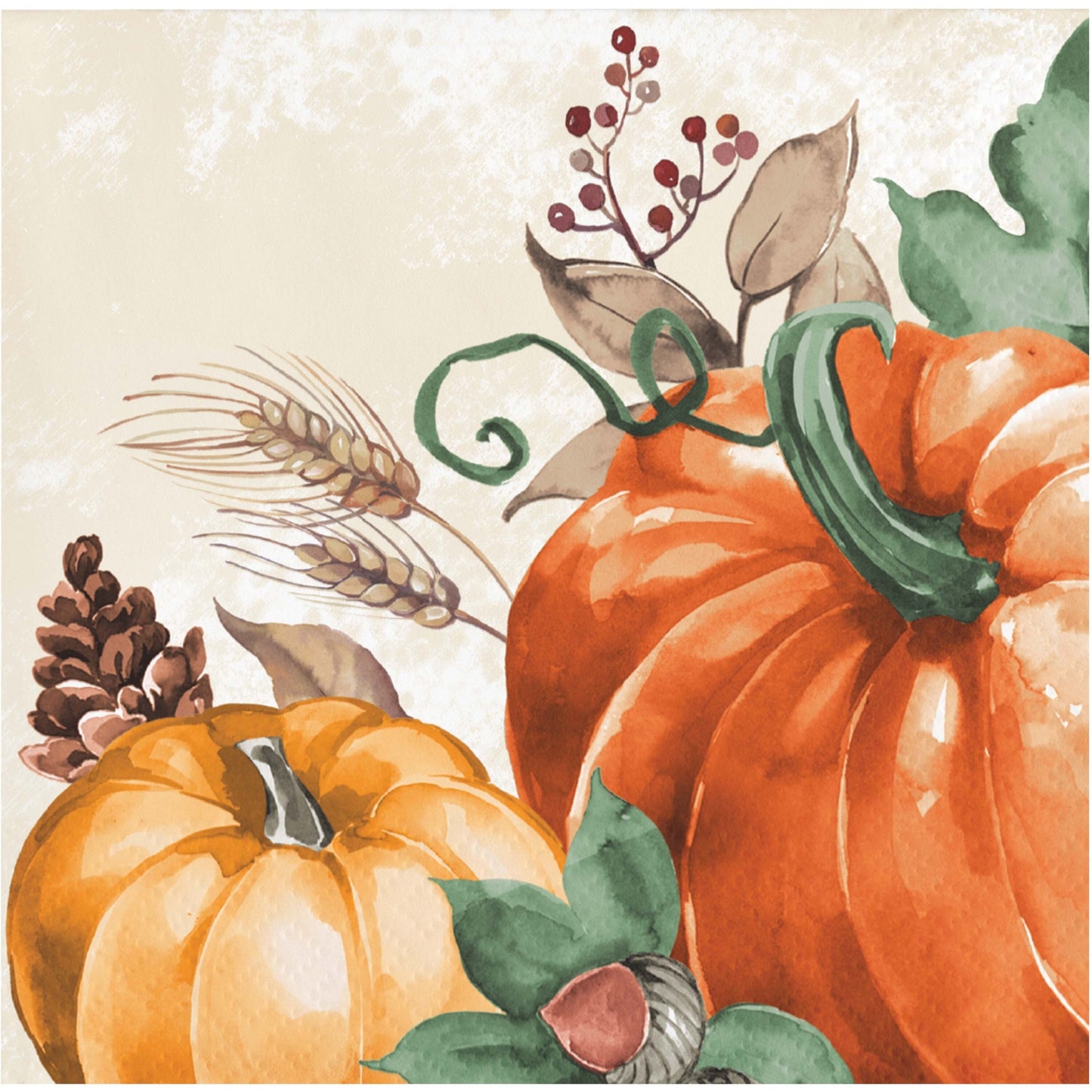Harvest Delight Beverage Napkins 192 ct. Decorative paper napkin featuring pumpkins and autumn elements on a beige background