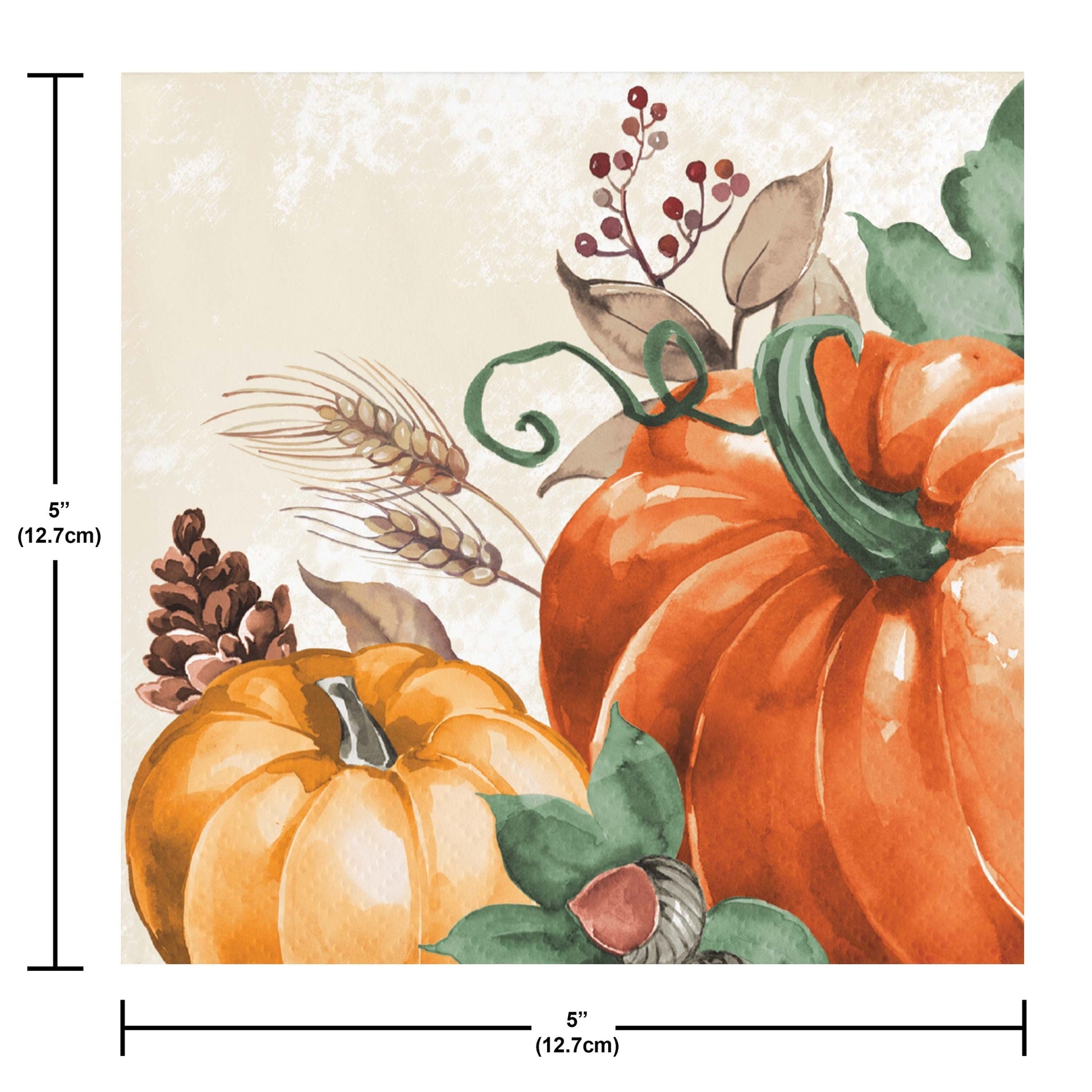 Harvest Delight Beverage Napkins 192 ct. Decorative paper napkin featuring pumpkins and autumn elements on a beige background