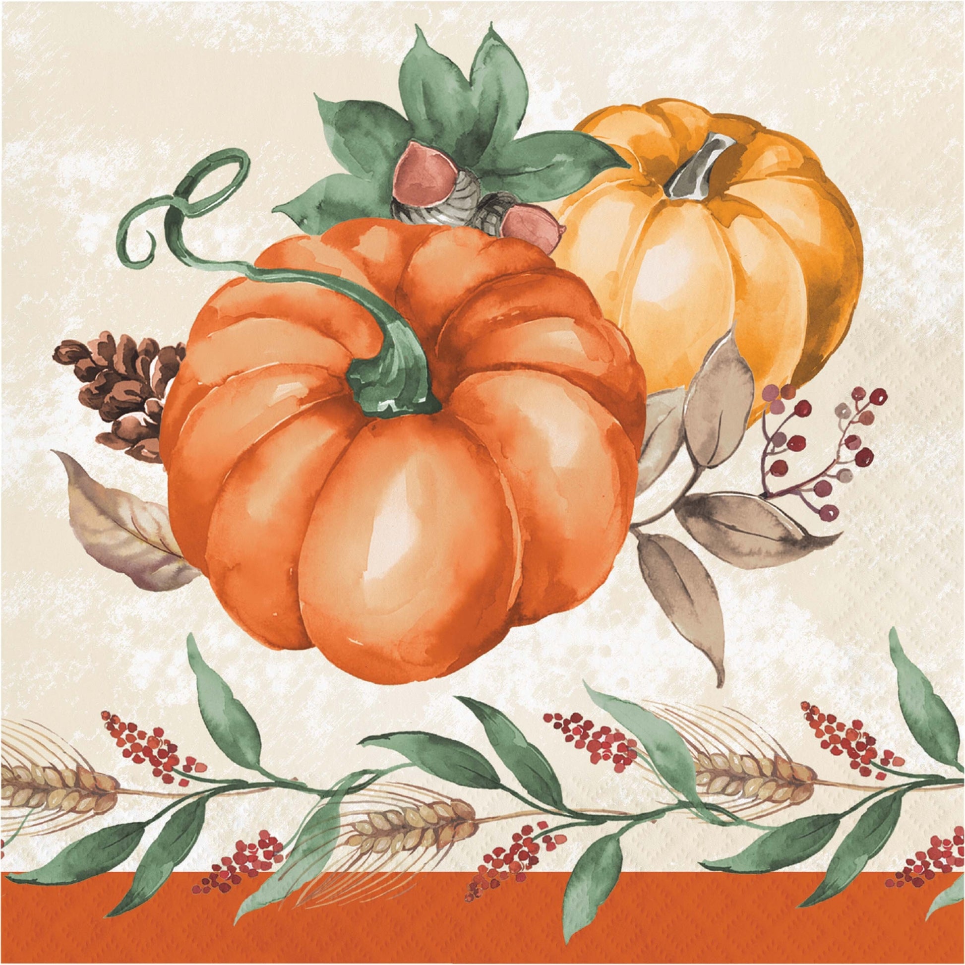 Harvest Delight Luncheon Napkins 192 ct. Decorative paper napkin with pumpkins, leaves, and berries on a beige background