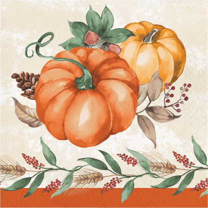 Harvest Delight Luncheon Napkins 192 ct. Decorative paper napkin with pumpkins, leaves, and berries on a beige background