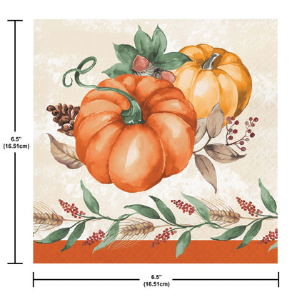 Harvest Delight Luncheon Napkins 192 ct. Decorative paper napkin with pumpkins and autumn elements on a beige background, with measurements indicated.
