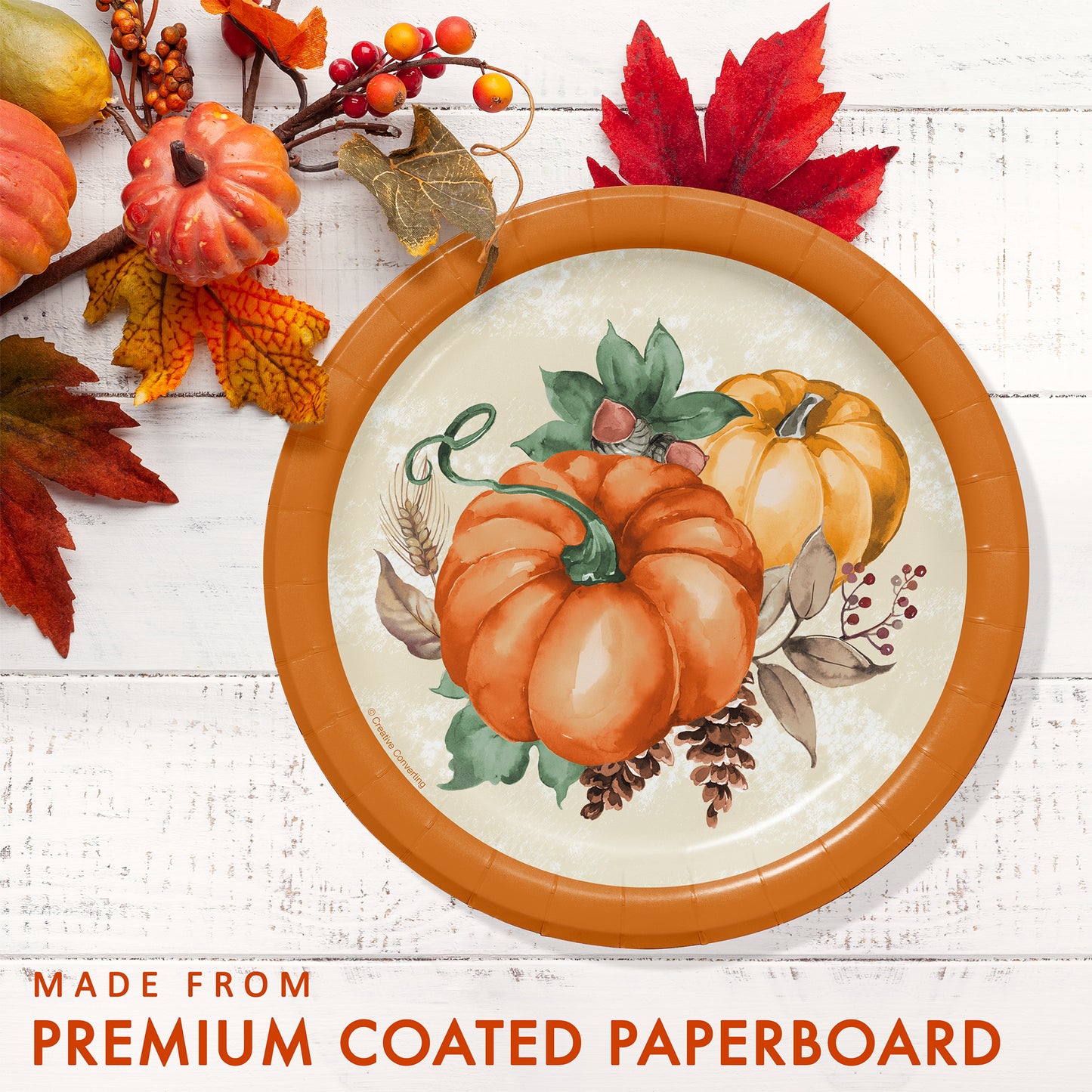 Harvest Delight Dessert Paper Plates 96 ct. Decorative paper plate with pumpkins and leaves on a white wooden surface with autumn leaves and berries.