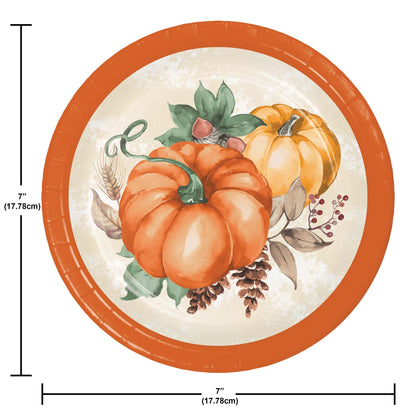 Harvest Delight Dessert Paper Plates 96 ct. Round plate with pumpkins and autumn decorations, size 7 inches.