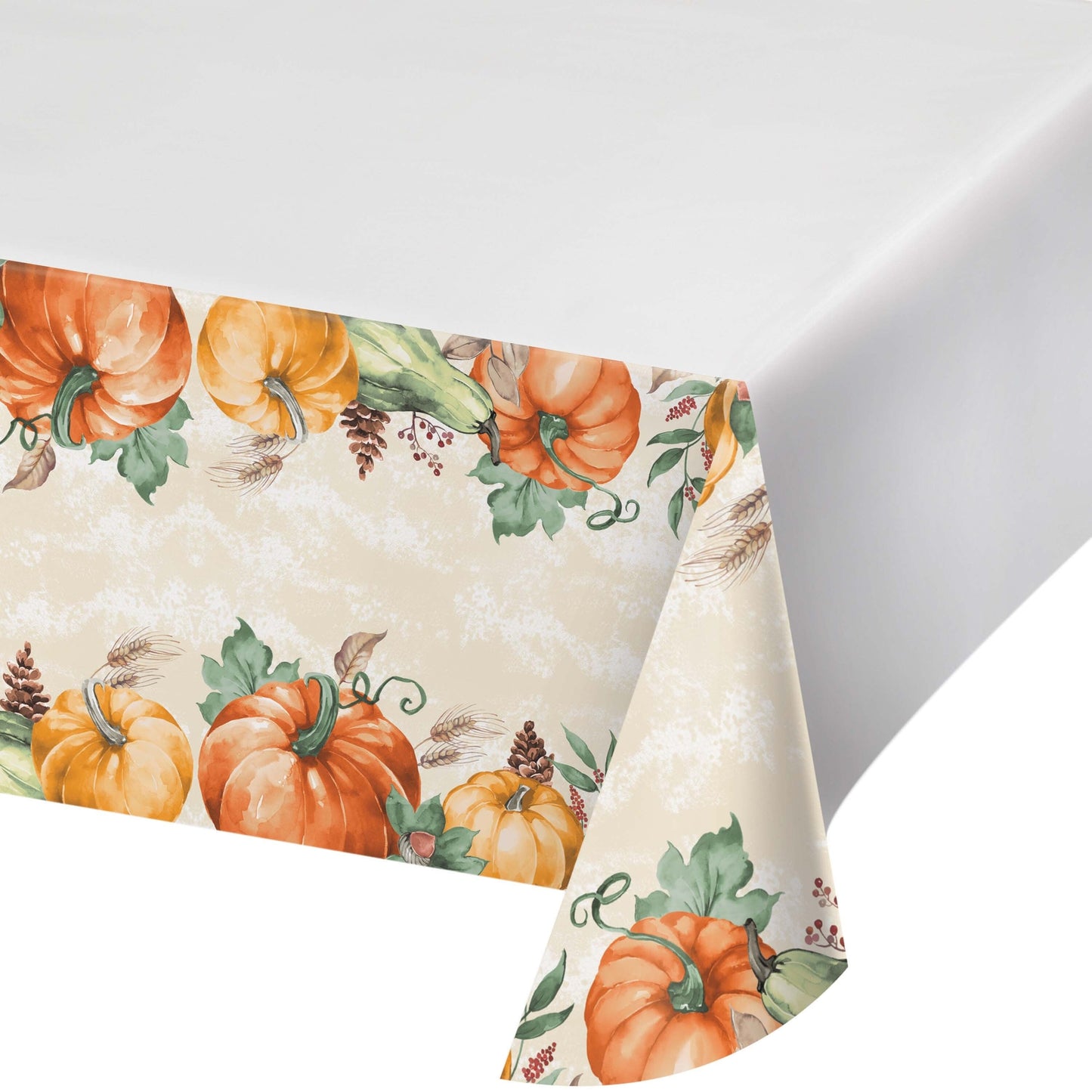 Harvest Delight Paper Tablecloths 12 ct. Tablecloth with pumpkin pattern on a white background