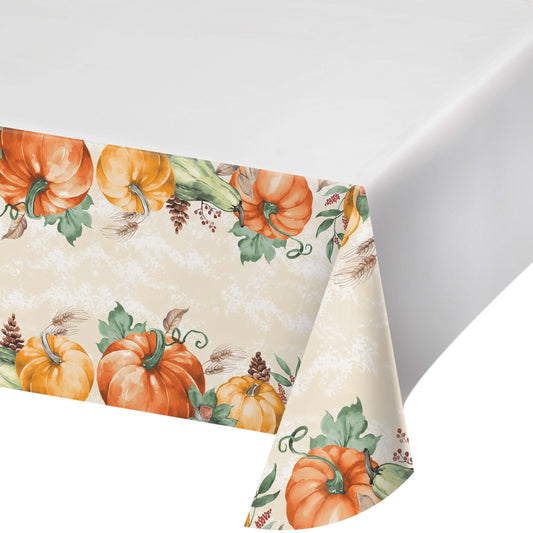 Harvest Delight Paper Tablecloths 12 ct. Tablecloth with pumpkin pattern on a white background