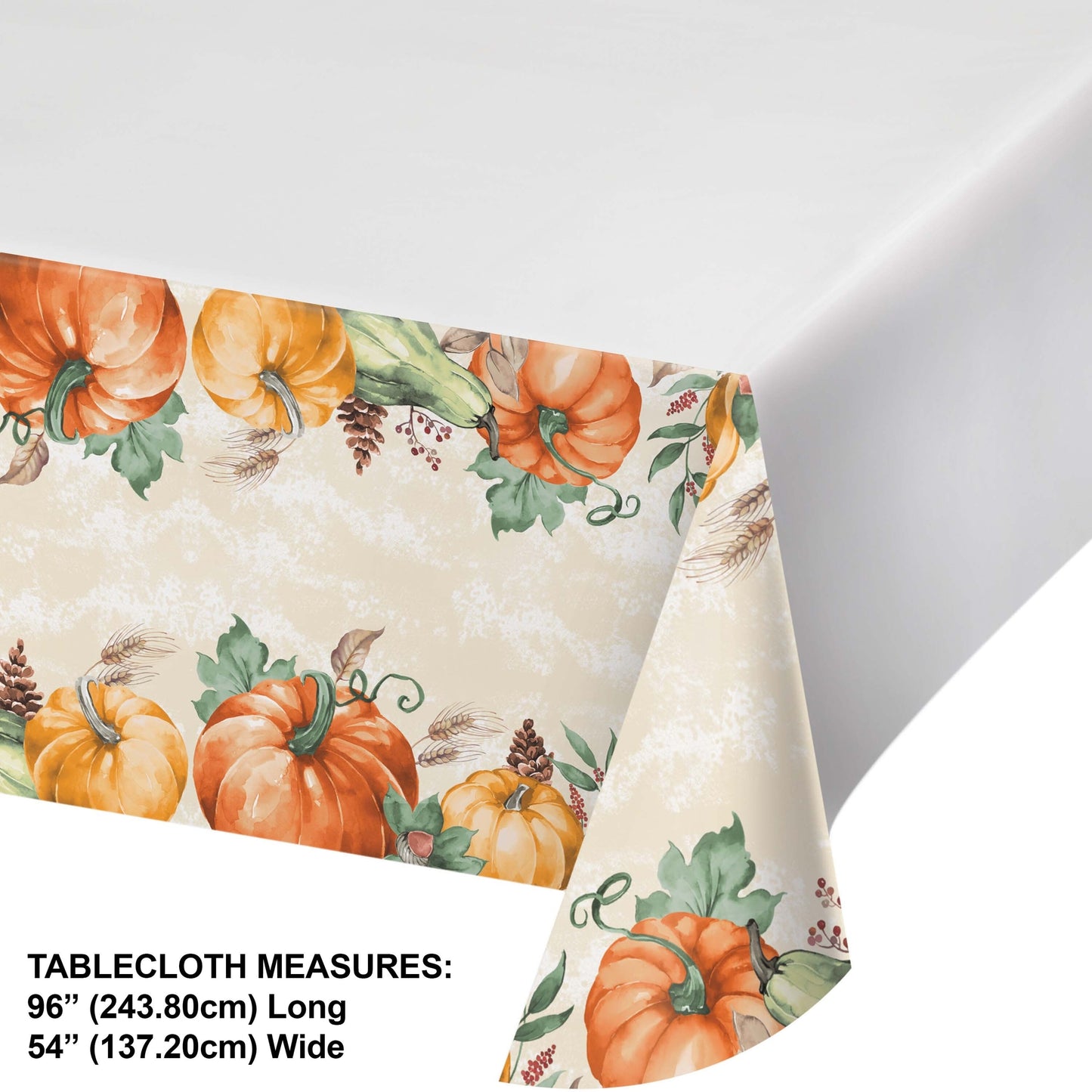 Harvest Delight Paper Tablecloths 12 ct. Tablecloth with pumpkin design on a white background featuring dimensions