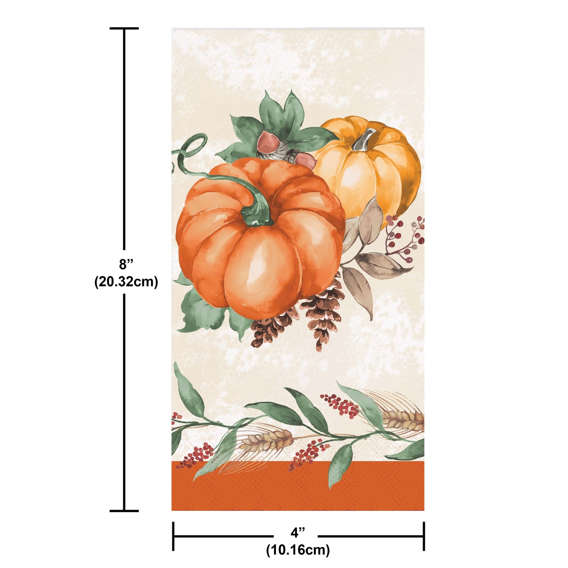 Harvest Delight Dinner Napkins 192 ct. Decorative paper napkin with pumpkins and measurements on a white background
