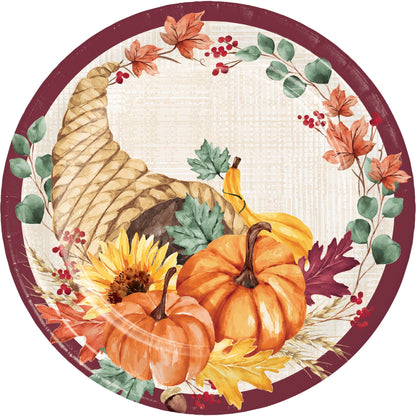 Fall Feast Dinner Paper Plates 96 ct. Decorative plate with autumn-themed design featuring pumpkins, sunflowers, and leaves.