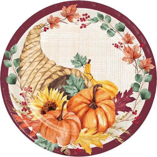 Fall Feast Dinner Paper Plates 96 ct. Decorative plate with autumn-themed design featuring pumpkins, sunflowers, and leaves.