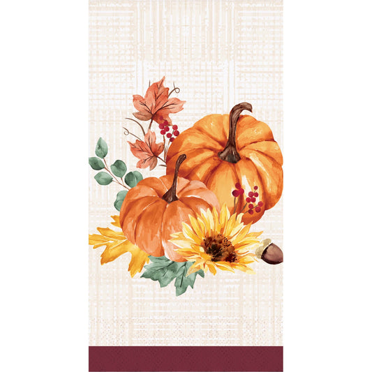 Fall Feast Dinner Napkins 192 ct. Decorative paper napkins with pumpkins, sunflowers, and leaves on a white background