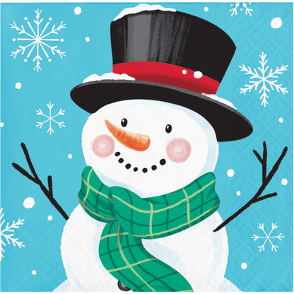 Frosty Friends Beverage Napkins 192 ct. Paper napkins with a cartoon snowman with a black top hat, red band, carrot nose, and green scarf on a blue background with snowflakes.