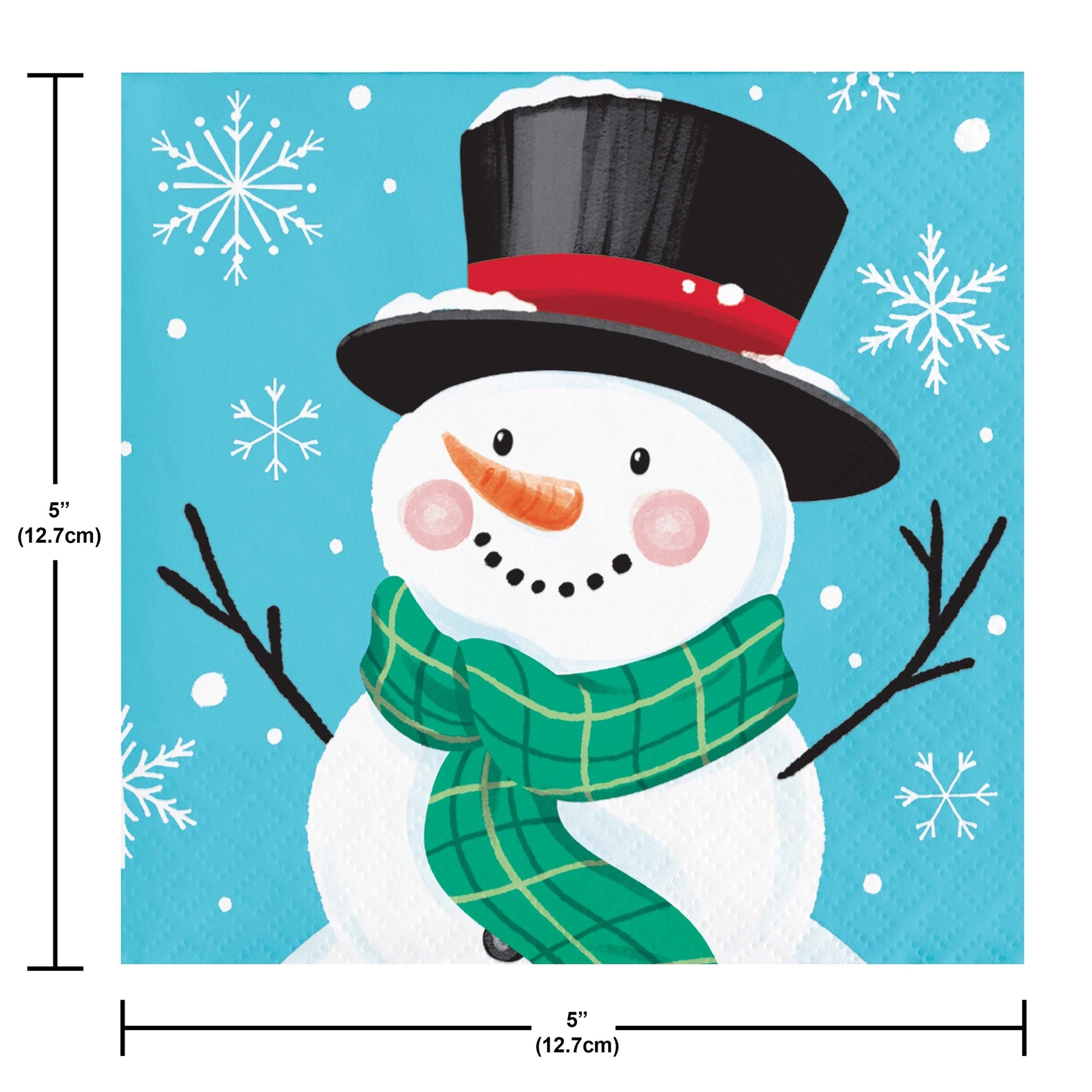 Frosty Friends Beverage Napkins 192 ct. Paper napkins with a cartoon snowman with a black top hat, red band, carrot nose, and green scarf on a blue background with snowflakes.
