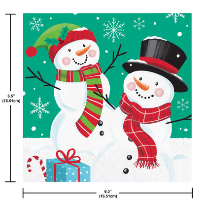Frosty Friends Luncheon Napkins 192 ct. Two cartoon snowmen with festive accessories on a green background with snowflakes.