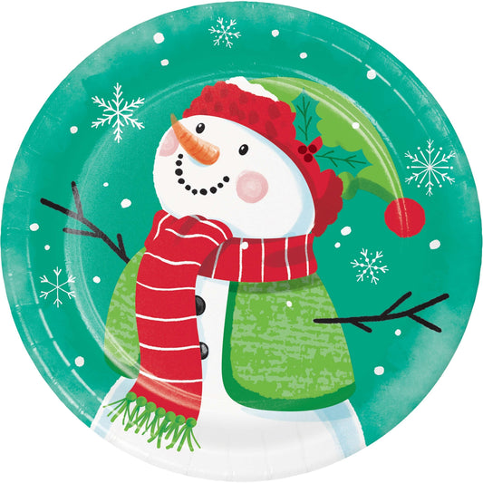 Frosty Friends Dessert Paper Plates 96 ct. Christmas-themed paper plate with a snowman design on a green background