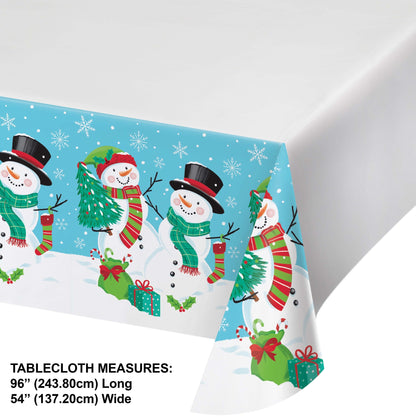 Frosty Friends Paper Tablecloths 12 ct. Paper tablecloth featuring 2 snowmen surrounded by Christmas gifts and snowflakes. Measurements included.