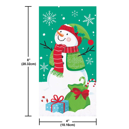 Frosty Friends Dinner Napkins 192 ct. Cartoon snowman paper napkin with a green hat, red scarf, and gift on a green background with snowflakes. Measurements included.