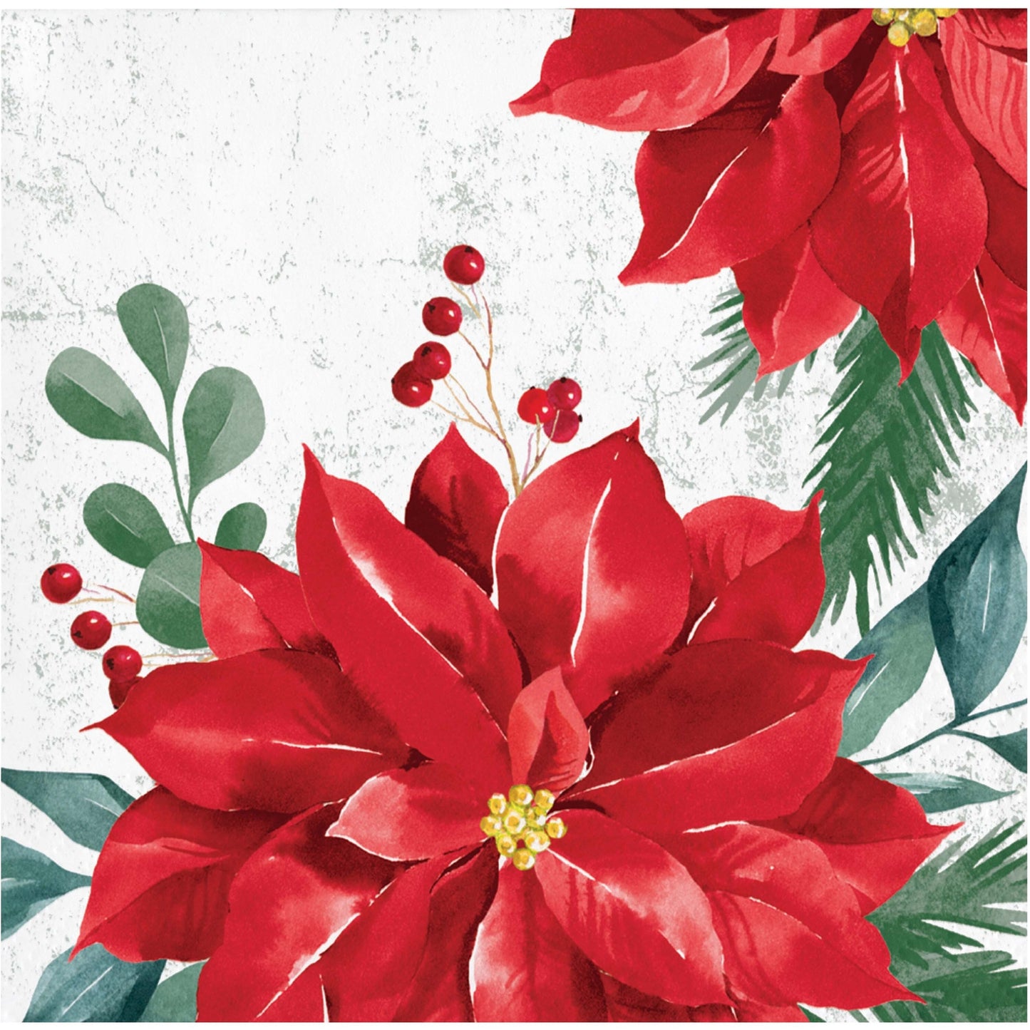 Festive Floral Beverage Napkins 192 ct. Paper napkin with red poinsettia flowers with green leaves and berries on a textured white background