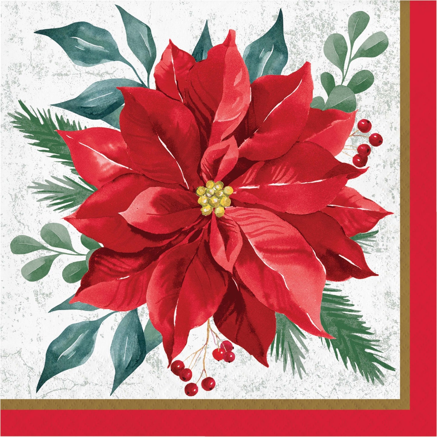Festive Floral Luncheon Napkins 192 ct. Paper napkin with a red poinsettia flower design on a white background and a red border