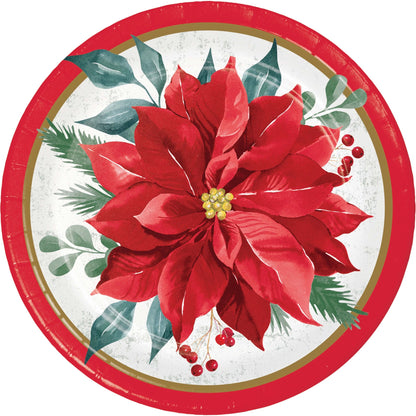 Festive Floral Dessert Paper Plates 96 ct. Round paper plate with a red poinsettia flower design on a white background