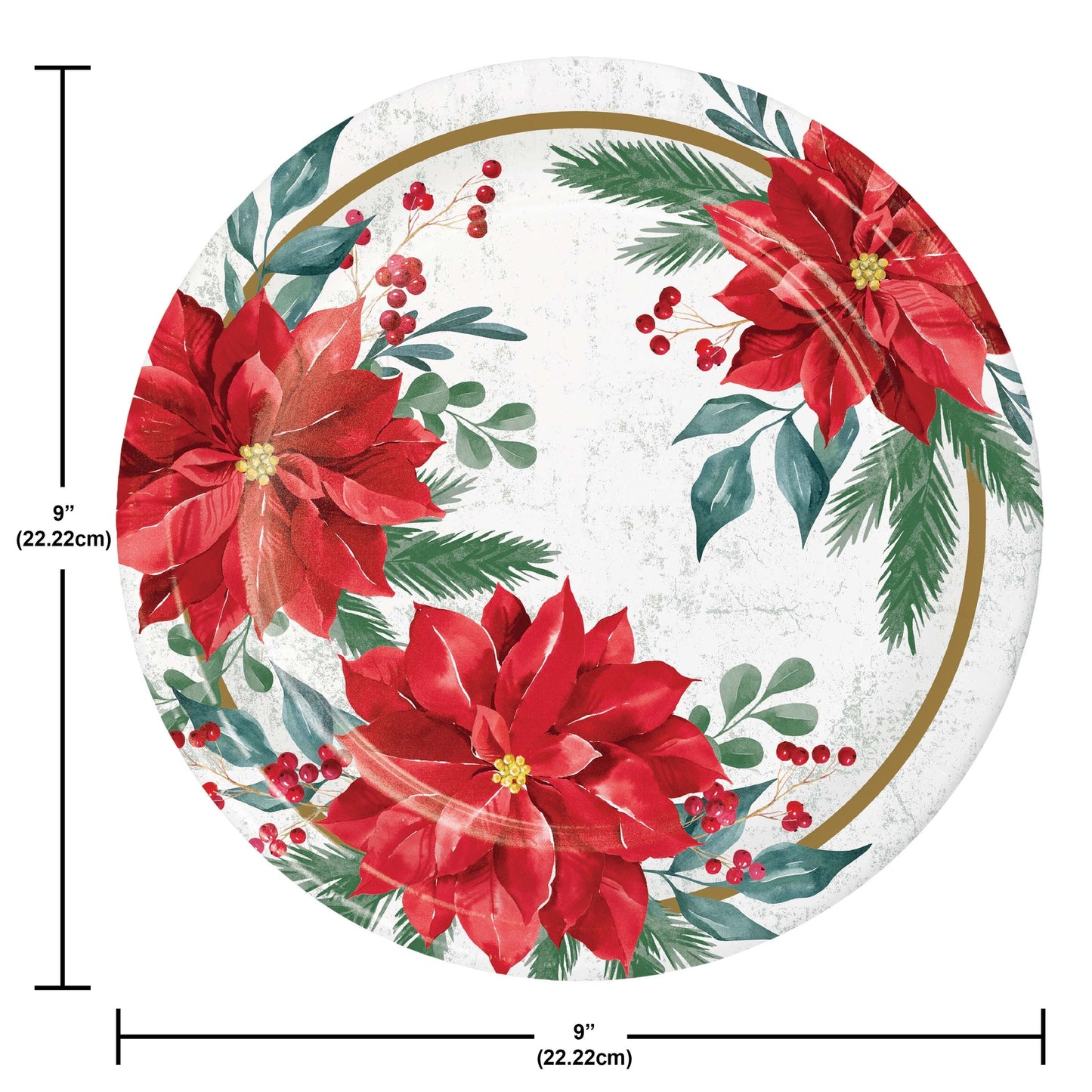 Festive Floral Dinner Paper Plates 96 ct. Decorative paper plate with red poinsettias and greenery on a white background. Measurements listed