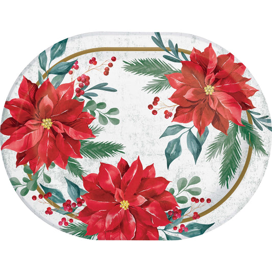 Festive Floral Oval Dinner Paper Plates 96 ct. Decorative paper plate with red poinsettias and greenery on a white background