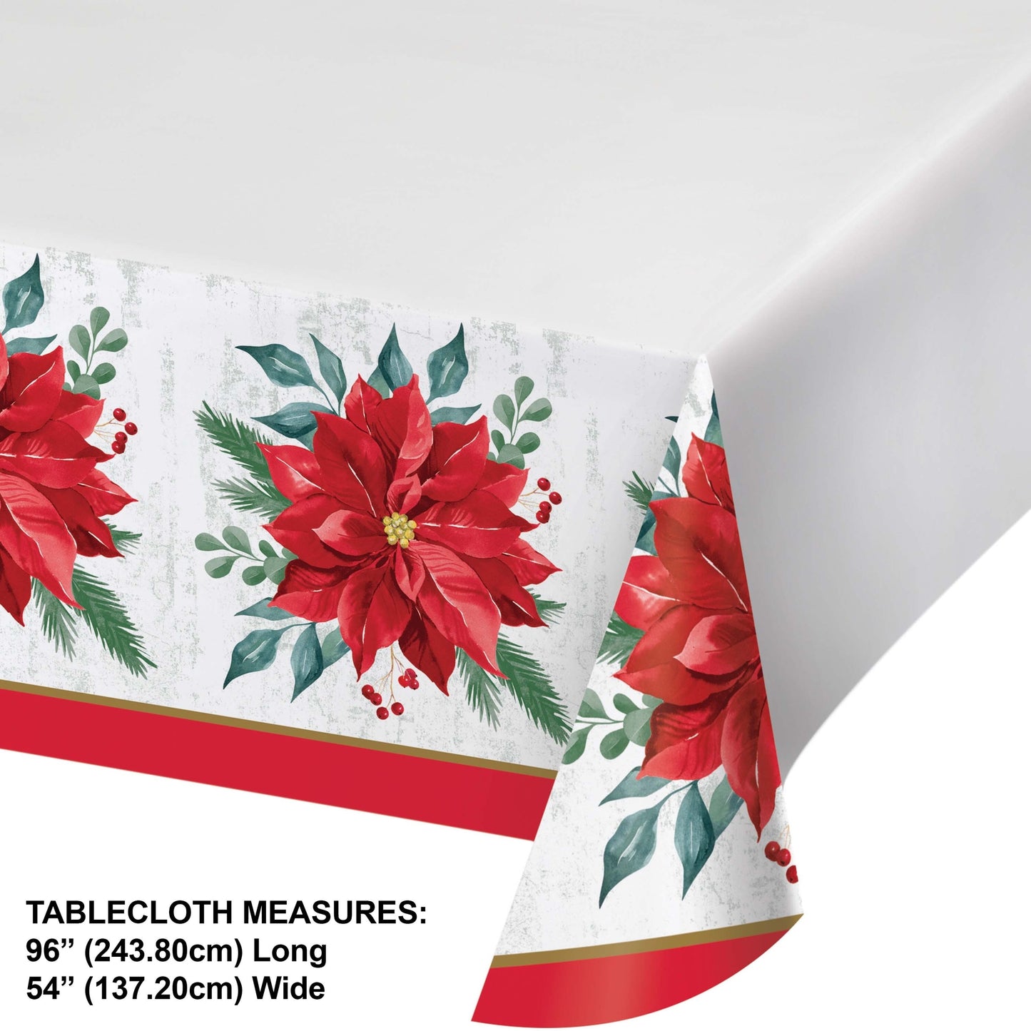 Festive Floral Paper Tablecloths 12 ct. Christmas-themed paper tablecloth with red poinsettias and green leaves on a white background. Measurements included.