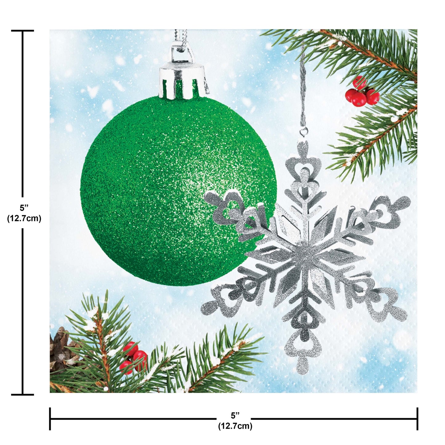 Paper napkins with green glittery Christmas ball ornament and silver snowflake ornament with measurements on a snowy background.