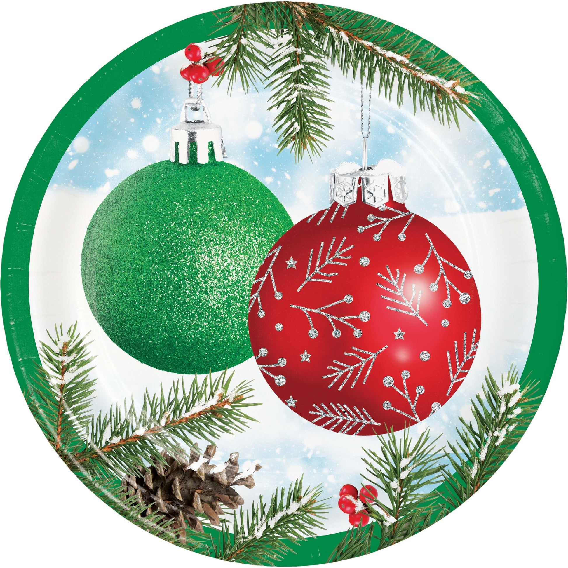 Round paper plate with green and red Christmas ornaments on a snowy background with greenery and a green rim